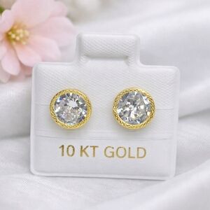 Round Bezel Stud Earrings CZ 10K Solid Gold 8.5mm